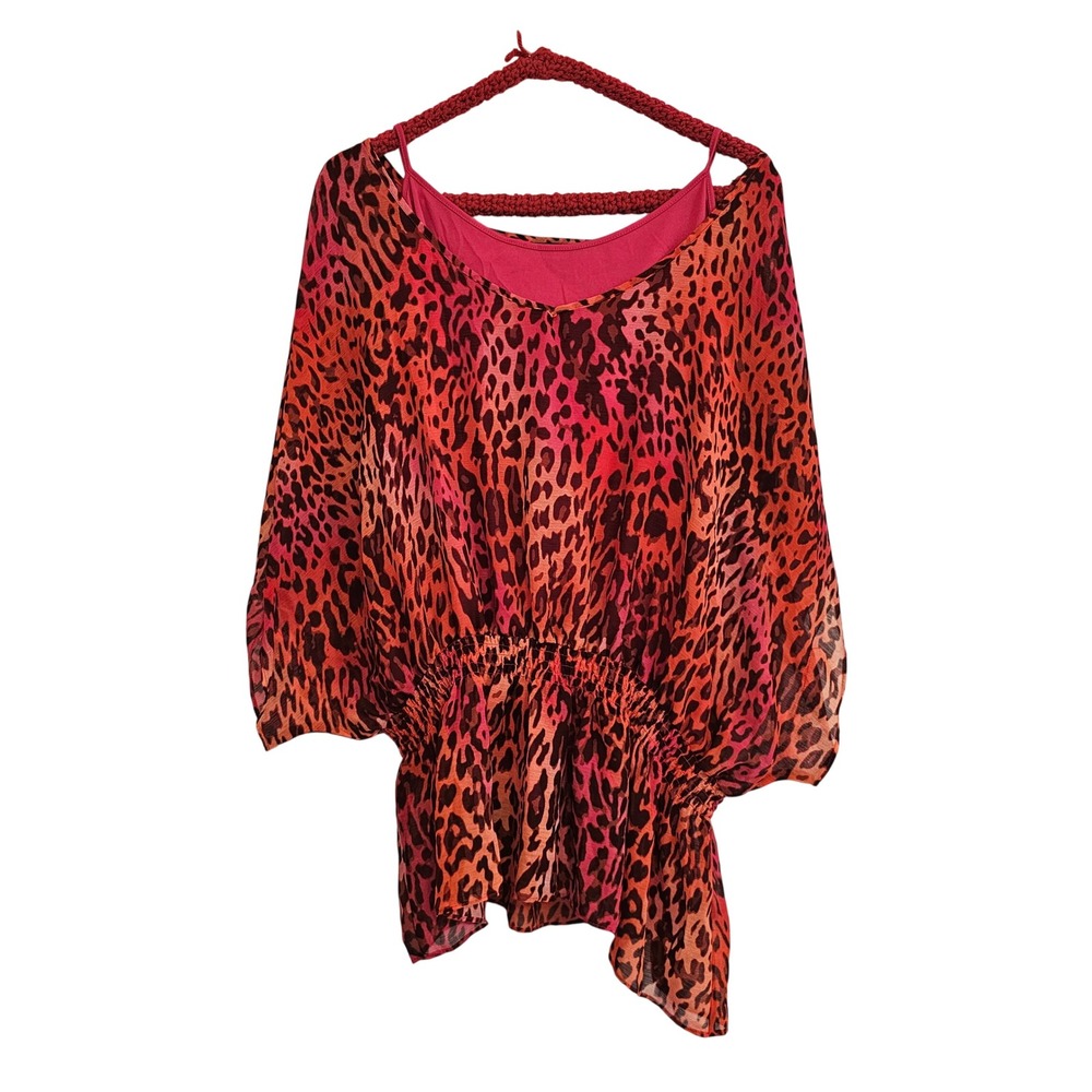 Investments Leopard Print‎ Kimono Pink Orange Sheer Dolman Sleeve Smocked Waist
